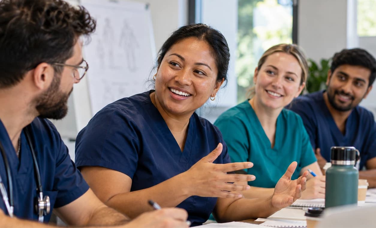 Four health workers in scrubs sitting at a table, smiling and talking during a team meeting.